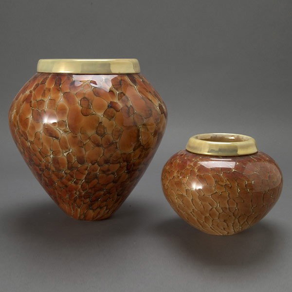 Two Cohn-Stone Vases with Tortoise Shell Motif: Two Cohn-Stone Glass Vases with Tortoise Shell Motif, unsigned {Heights 5 1/2 and 10 inches}