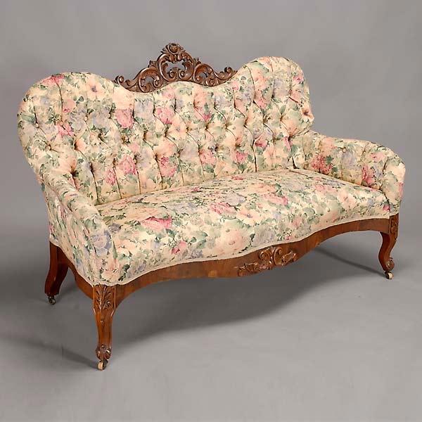 Victorian Walnut Settee with Floral Crest: Victorian Walnut Settee with Floral Crest {Dimensions 38 1/2 x 59 x 27 inches}