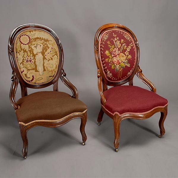 Two Victorian Needlepoint Walnut Parlor Chairs: Two Victorian Needlepoint Upholstered Walnut Parlor Chairs, 19th Century {Dimensions 38 x 21 x 19 inches}