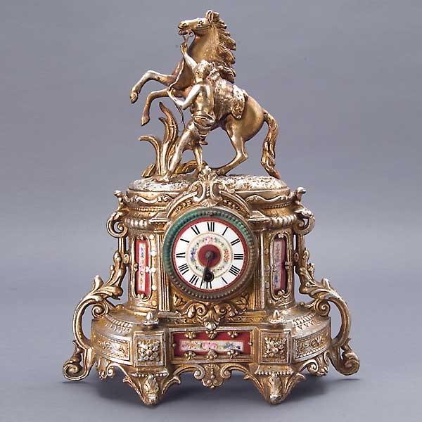 Louis XV Style Silver Metal Statue Clock: Louis XV Style Silver Metal Statue Clock with Porcelain Panels {Height 16 1/2 inches} [Lacking key]