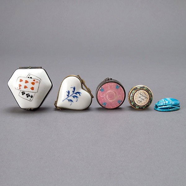 Four Boxes and a Scarab: including two Limoges: Lot of Four Boxes and a Scarab: including two Limoges, a Halcyon Days Battersea; and an Asian sterling enamel box (5) {Length of largest box 2 inches}