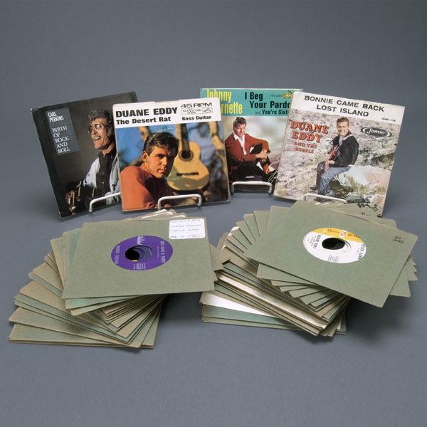 Group of 45 Rockabilly and Surf 7" Vinyl Records,: Group of Forty-five Rockabilly and Surf 7" Vinyl Records, including Johnny Burnette, "The Train Kept a Rollin" (Coral 61719, VG), "Dreamin" (Liberty 55258, VG-), "You're Sixteen" (Liberty 55285, VG+) 