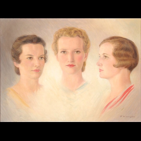 FREDRICK WILLIAM WRIGHT. "The Three Graces" Oil : FREDRICK WILLIAM WRIGHT. (American, b. 1880) "The Three Graces" portrait of the three Lufburrow sisters. Oil on canvas. Sight: 19 3/4 x 26 1/2 inches. Signed lower right. Provenance: Three original le