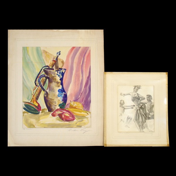 TED LEWY. 2 works: 1 watercolor, 1 drawing.: TED LEWY. (American, 1912 - 1963) Two works. One watercolor "Gay Composition" 1941. Verso: nude charcoal drawing. One photo of a drawing "Catherine Dunham" Image of larger: 16 1/4 x 13 1/2 inches. Sig