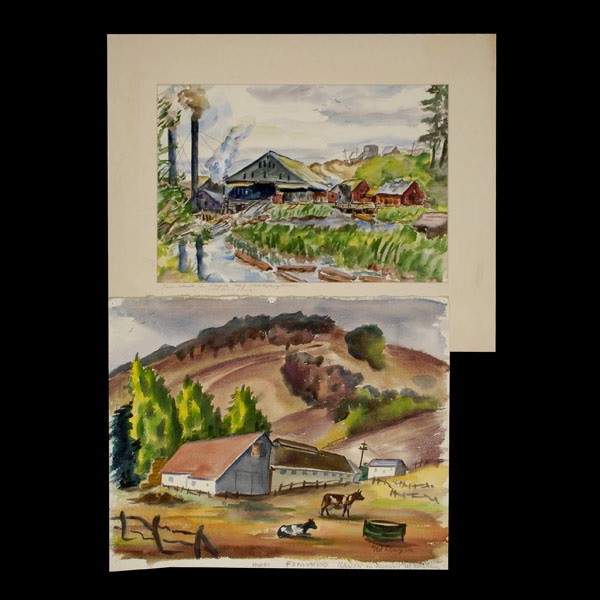 TED LEWY. 2 Watercolor "Saw Mill"&"Fergundos Ranch: TED LEWY. (American, 1912 - 1963) Two watercolors on paper. "Fergundos Ranch" 1948, "Saw Mill in Caspar" 1947. Image: 17 x 21 inches. Both signed and dated lower right. Good condition