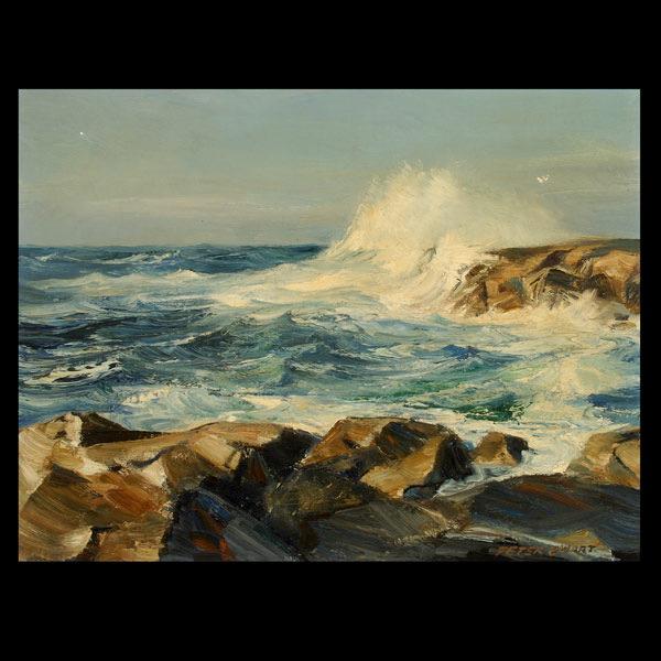 PETER EWART Canada Canadian art 1947: PETER EWART (British Colombian, 1918 - 2001) "Waves Crashing on Rocks" Seascape, Oil on board. Sight: 12 1/2 x 16 1/2 inches. Signed lower right. Good condition: Small bits of paint loss upper left an