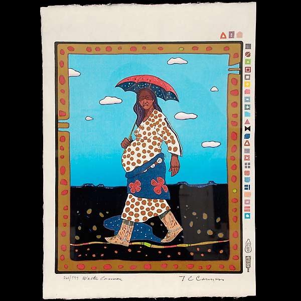T. C. CANNON, Wood block print: T. C. CANNON, (American, 1946 - 1978) Print art on hand made paper. Paper: 16 1/2 x 12 inches. Signed lower right. Numbered 241/999 lower left. Very good condition. Framed, float mounted, and glazed.