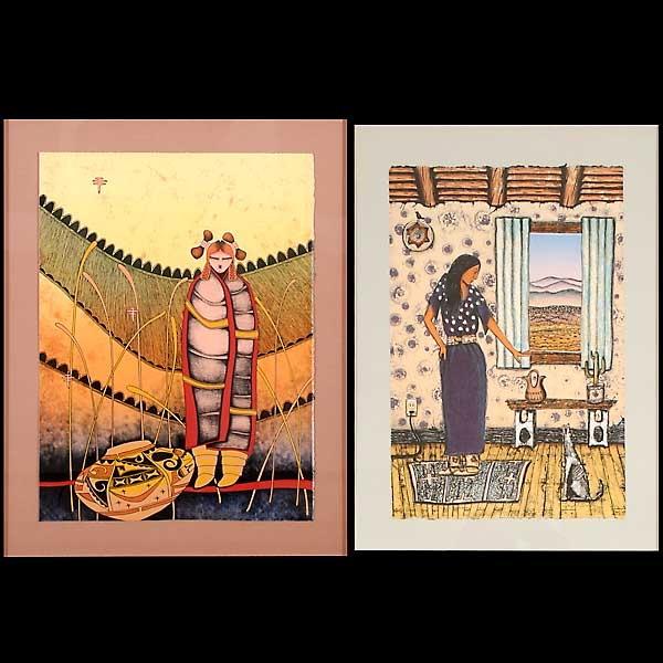 1 DAVID P. BRADLEY & 1 illegibly signed. Print art: DAVID PAUL BRADLEY. (American, b. 1954) "The Married Woman" Mixed media on paper. Paper: 22 1/2 x 15. Signed lower right. Plus Hopi lady with potter. Print on paper. Paper: 24 x 18. Signed lower right