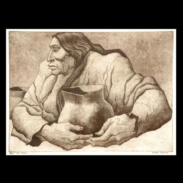 ROBERT FREEMAN "The Potter" Etching: ROBERT FREEMAN (American, 20th century) "The Potter" Etching. Sight: 13 5/8 x 18 1/4 inches. Signed lower right. Numbered 13/79 lower left. Good condition. Framed, matted, and glazed.