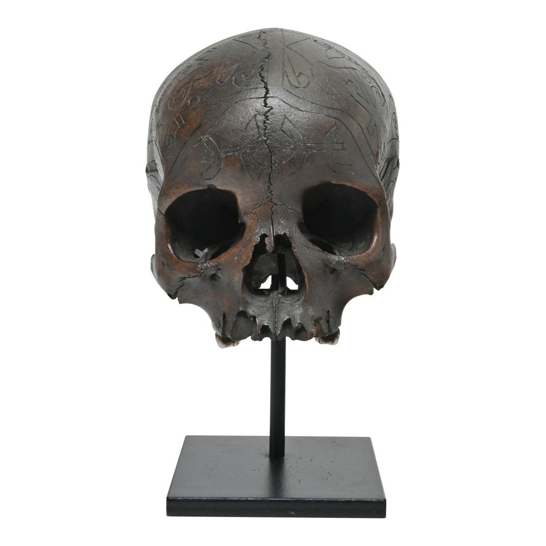 19th Century Dayak Skull Head Hunters Human Trophy.: 19th Century Dayak Skull Head Hunters Human Trophy. Incised with abstract design; with custom black metal stand. {Approximate dimensions not including the skull: 6 high x 5 1/4 wide x 6 1/2 inches dee