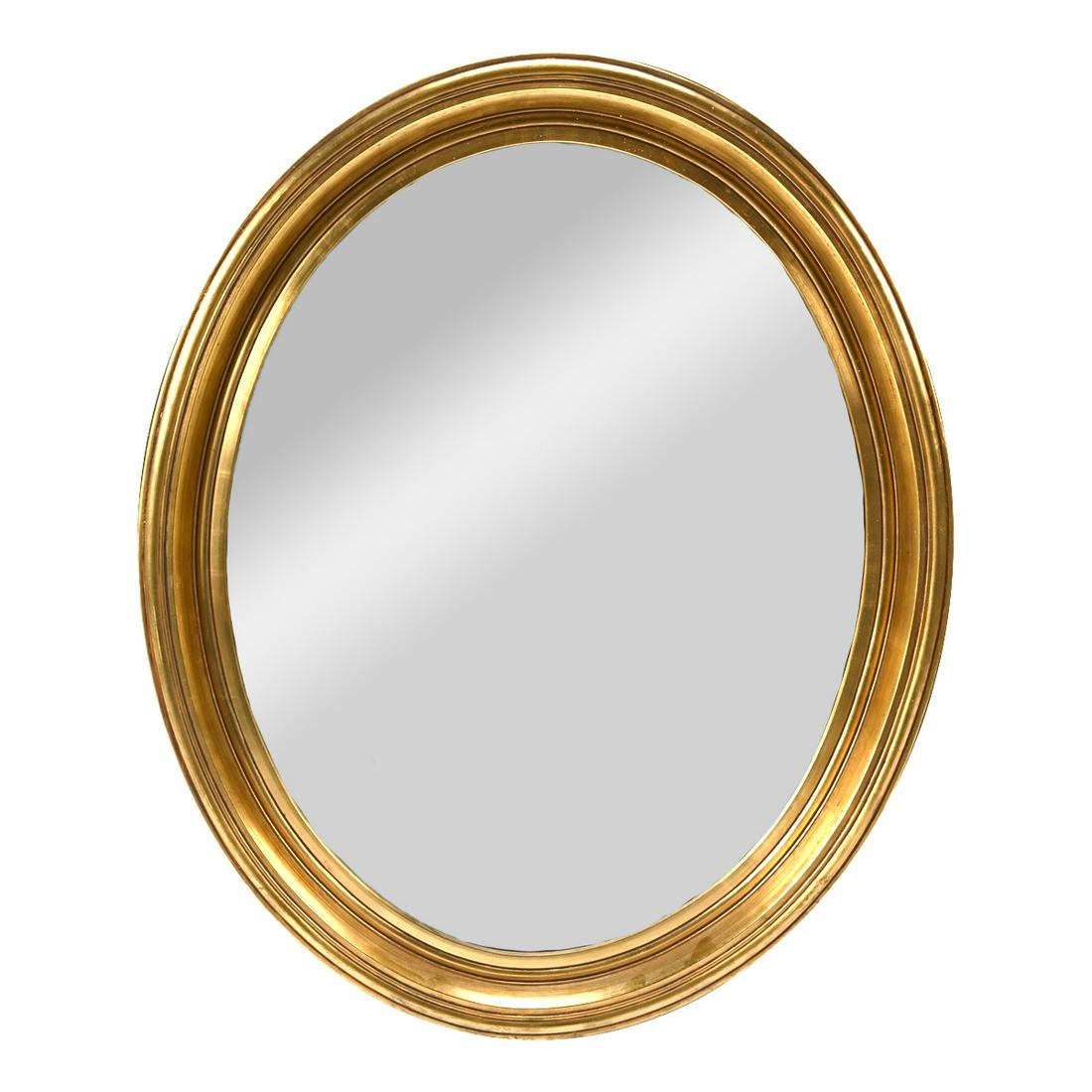 Falconer Modernist Giltwood Oval Mirror.: Falconer Modernist Giltwood Oval Mirror. '7005 / FALCONER PLATE GLASS CORP / FALCONER NEW YORK' stamped to the reverse. {Approximate dimensions: 33 1/2 high x 27 inches wide.}. Condition: Some patina