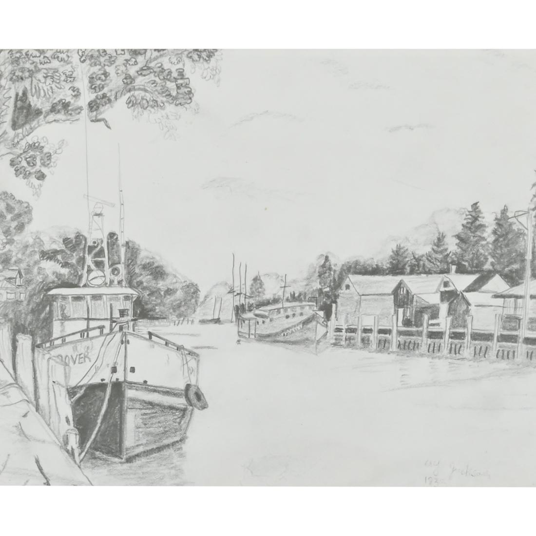 Manner of AY Jackson, Harbor, pencil on paper (1 of 4)