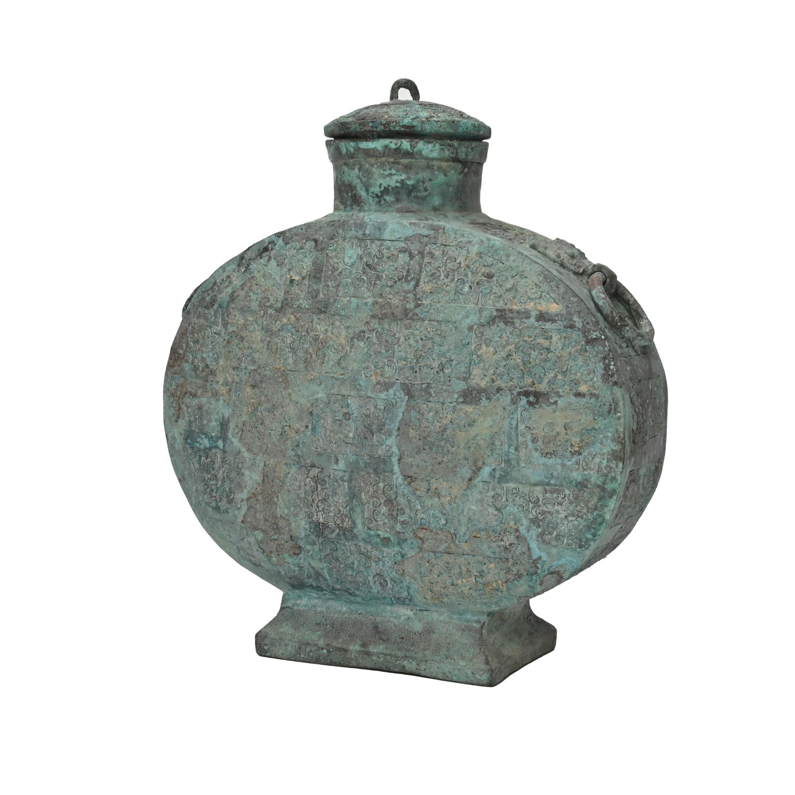 A Shang Style Bronze Wine Flask: A Shang Style Bronze Wine Flask on Wooden Base. Of flattened oval form rising from a spreading rectangular foot to a cylindrical neck with an everted mouth, the shoulder applied with double taotie mas
