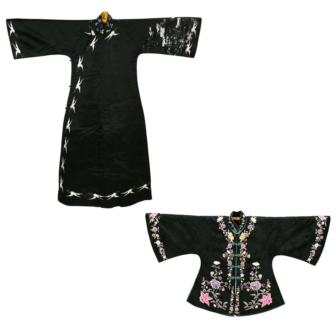 Two Chinese Black Silk Floral Jackets and A Crane Robes (1 of 7)