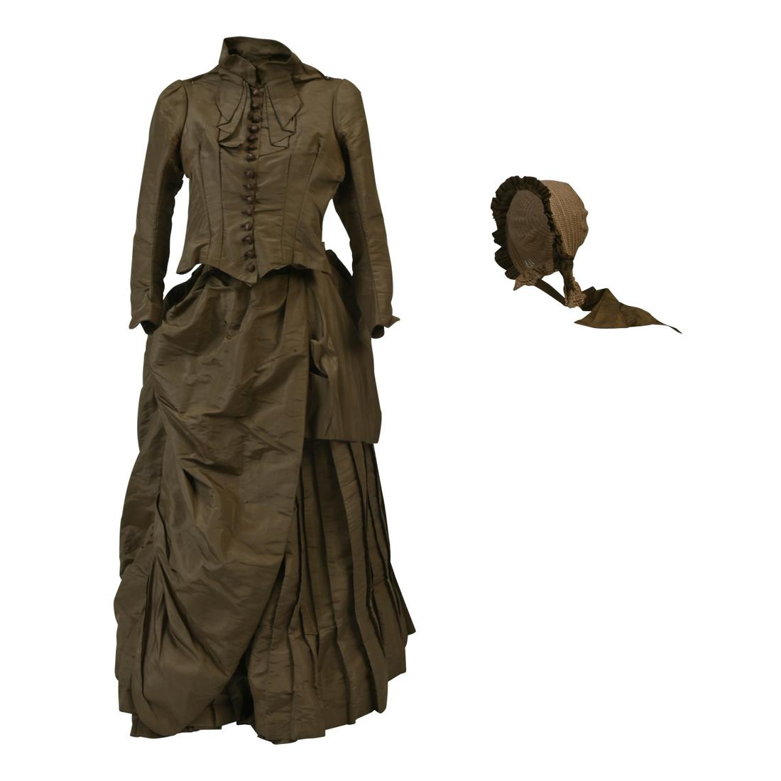 Lady's 1860s Fawn Silk Taffeta Two Piece Day Dress. (1 of 3)