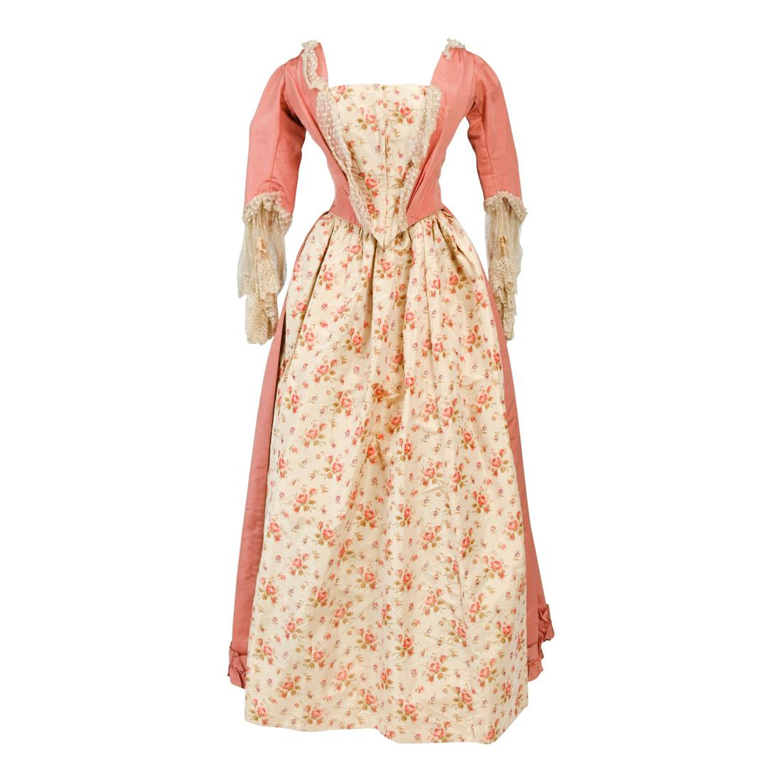 Victorian 18 Century Style Lady's Robe a la Francaise.: Victorian 18 Century Style Lady's Robe a la Francaise. Lace inset bodice, to printed silk taffeta stomacher and skirt front; pink silk faille side fronts and back. Provenance: Sale of items to benefit
