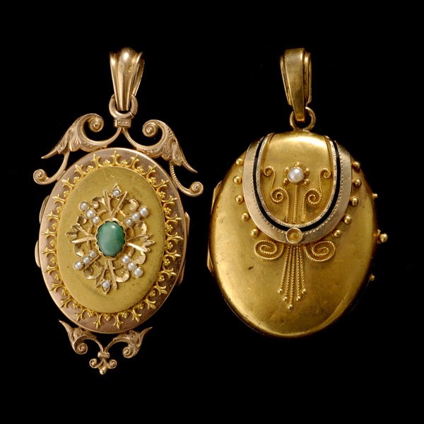 VICTORIAN TURQUOISE ENAMEL LOCKETS: SET OF VICTORIAN TURQUOISE, ENAMEL, PEARL, 18K YELLOW GOLD LOCKET PENDANTS. Including one centering one turquoise cabochon, accented by 1/2 pearls, set in an 18k yellow gold mounting, measuring approx