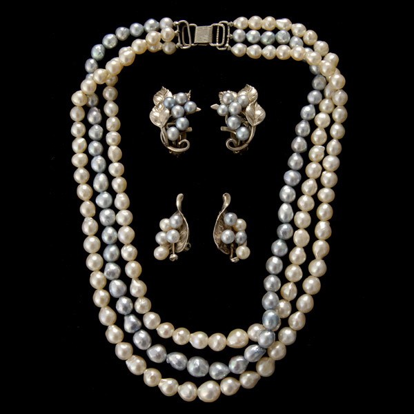 MING'S FRESH WATER PEARL, 14K STERLING JEWELRY: COLLECTION OF MING'S FRESH WATER CULTURED PEARL, 14K WHITE GOLD, STERLING SILVER JEWELRY. Including one triple strand fresh water cultured pearl necklace featuring two strands of cream and one of blue