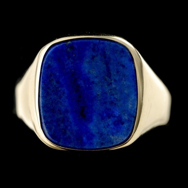 LAPIS LAZULI, 9K YELLOW GOLD RING: LAPIS LAZULI, 9K YELLOW GOLD RING. Featuring one cushion shaped lapis lazuli tablet, measuring approximately 12.00 x 11.00 mm, flush set in a 9k yellow gold mounting. 1.5 dwts. Ring size 10 3/4.