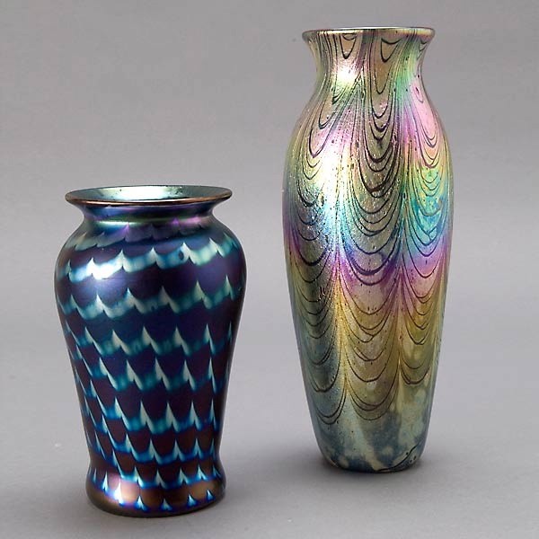 Two Donald Carlson Art Glass Iridescent Vases: Two Donald Carlson Art Glass Iridescent Vases, one signed and numbered on base {Heights 6 1/2 and 9 5/8 inches}