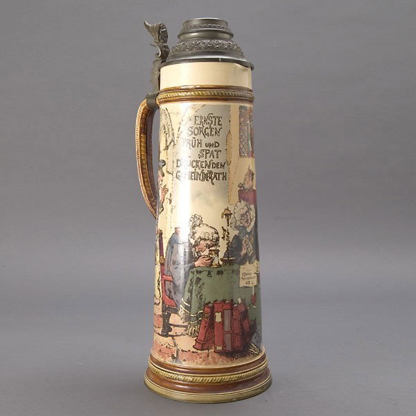 Large Mettlach Stein with Pewter Top: Large Mettlach Stein with Pewter Top and Thumb Piece #2262 {Height 18 1/2 inches}