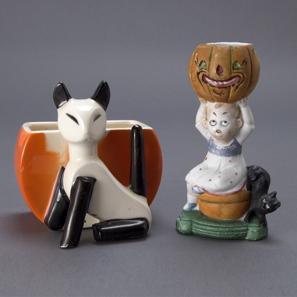 Halloween Lot: Japanese Art Deco Pumpkin Dish: Halloween Lot: Japanese Art Deco Pumpkin Dish with Cat; and a Bisque Vase {Height of vase 4 3/4 inches}