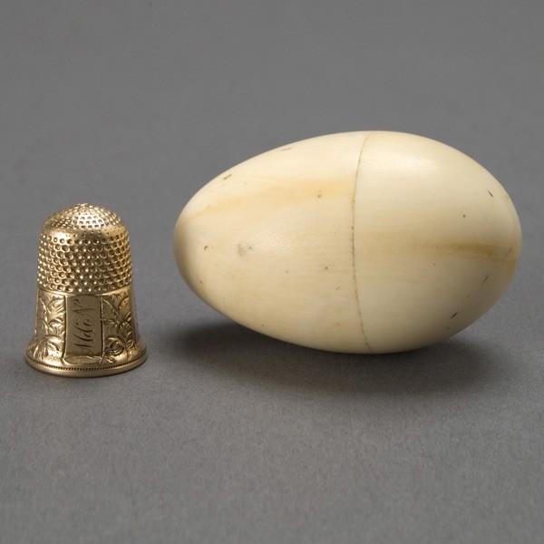 Rose Gold Thimble with Ivory Egg Case: Rose Gold Thimble with Ivory Egg Case {Height of case 2 inches}