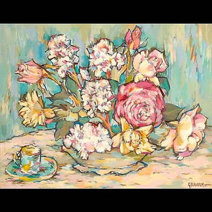 ELLWOOD GRAHAM. "Bouquet and Demitasse" Oil: ELLWOOD GRAHAM. (American, 1911 - 2007) "Bouquet and Demitasse" Oil on masonite, circa 1950. 22 x 28 inches. Signed lower right. Verso: Signed and titled. Very good condition. Framed and linen liner.