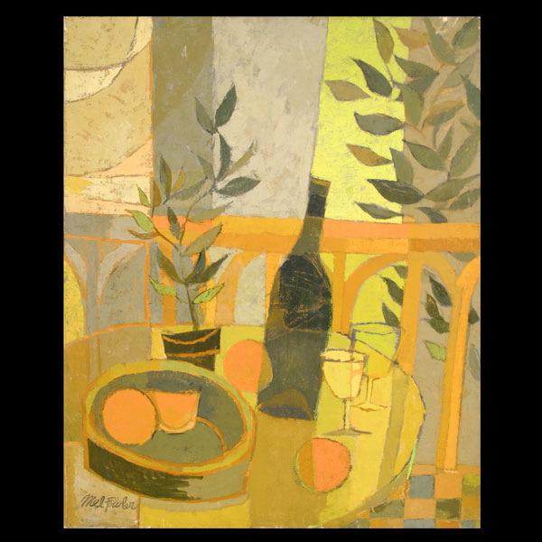 MEL FOWLER. "Table Still life" Abstract oil: MEL FOWLER. (American, 20th Century) "Table Still life" Abstract oil on canvas. Image: 30 1/4 x 24 inches. Signed lower left. Good condition: Minor paintloss upper right corner and along bottom edge.