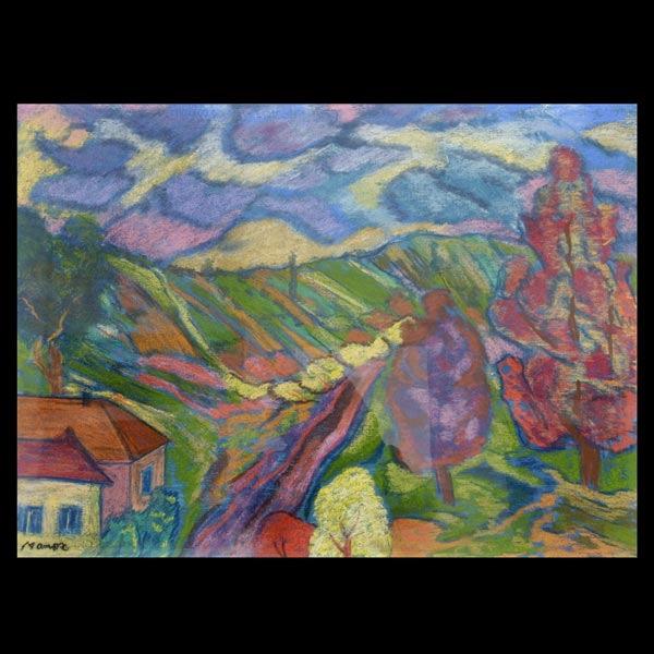 MANOR SHADIAN. "Prunedale" Oil pastel: MANOR SHADIAN. (Israeli/American, b. 1931) "Prunedale" Oil pastel on paper. Sight: 21 1/2 x 29 1/2 inches. Signed lower left. Very good condition. Framed, matted, and glazed. Not examined out of frame