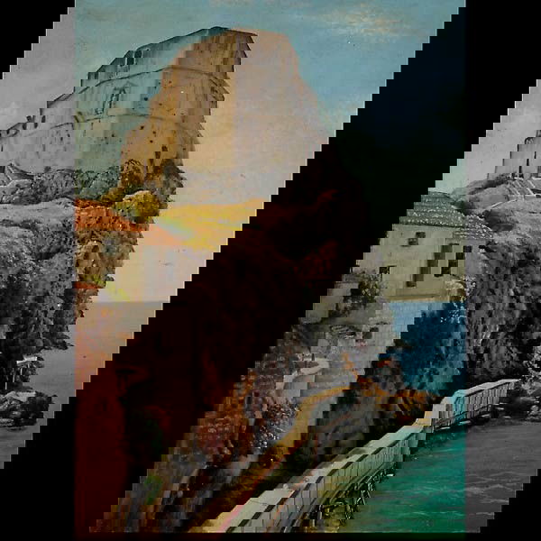 JOHN W DOTY. "Cap d'Antibes" Circa 1940. Oil: JOHN WARREN DOTY. (American, 1870 - 1959) "Cap d'Antibes" Circa 1940. Oil on board. Sight: 16 x 11 1/2 inches. Good condition, minor nicks on right side. Framed.