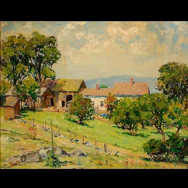 American school oil on board farm and orchard: AMERICAN SCHOOL (20th century). Farm with orchard and buildings. Oil on Masonite. Bears signature verso: Franz Bischoff. 15 3/4 x 20 inches. In good condition, liquid stain to right of trees at left; 
