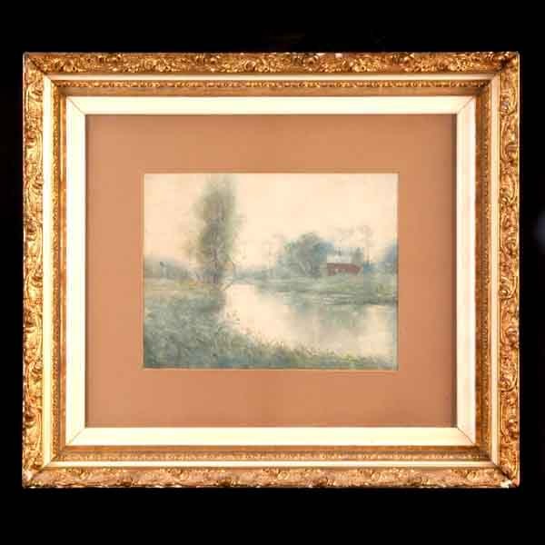 Thomas Manley, Watercolor, Landscape: THOMAS R. MANLEY (American 1853 - 1938) "Country Landscape with River and House" Watercolor on Paper. 11 x 14 inches. Signed lower left. Fair condition: Repair lower left through the signature, laid d
