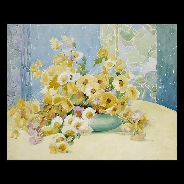 NELL WALKER WARNER. Still Life of Yellow Flowers.: NELL WALKER WARNER. (American, 1891 - 1970) "Still Life of Yellow Flowers" Watercolor on paper. Sight size: 8 1/2 x 23 1/8 inches. Signed lower right: Nell Walker Warner. (In good condition. Framed no
