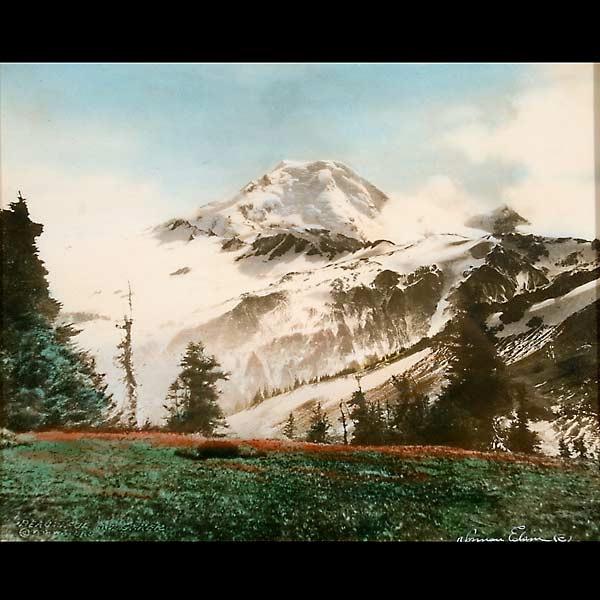 NORMAN EDSON, "Beautiful Mt. Baker": NORMAN EDSON, (American, 1879 - 1968) "Beautiful Mt. Baker" Handcolored photo on paper. Image 8 x 10 inches. Signed lower right. Titled lower left. Good condition. Framed, matted, and glazed.