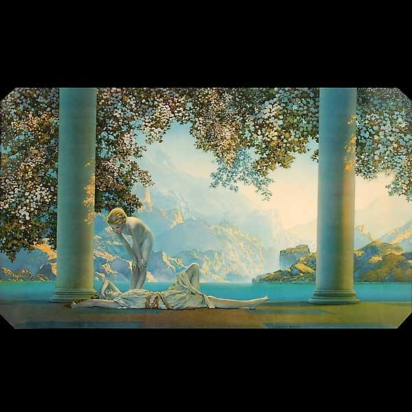 MAXFIELD PARRISH. "Daybreak" Offset lithograph.: MAXFIELD FREDERICK PARRISH. (American, 1870 - 1966) "Daybreak" Offset lithograph. Sight: 17 1/2 x 19 1/2 inches. Signed in print lower right. Copyright The House of Art NY lower left in print. Good co
