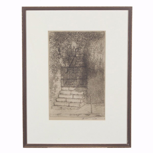 E T Hurley, Iron Gate, Framed Etching.: EDWARD TIMOTHY HURLEY. (American, 1869 - 1950). "Steps to the Iron Gate and Ivy path" 1925. Etching on wove paper. Sight: 12 x 7 1/2 Inches. Signed and dated lower right. Very good condition, Framed, 