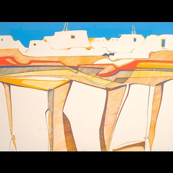 DAN NAMINGHA. "Hopi" Lithograph.: DAN NAMINGHA. (Native American, b. 1950) "Hopi" Lithograph. Sight: 22 x 29 3/8 inches. Signed lower right. Numbered 34/125. Excellent condition. Framed, matted, and glazed. Not examined out of frame.