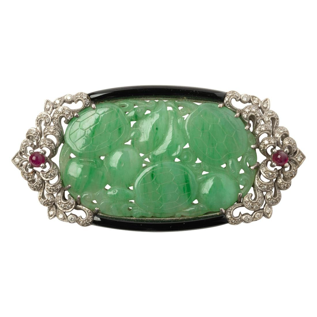 Jadeite, Ruby, Diamond, Onyx, 18k White Gold Brooch. (1 of 6)