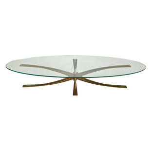 Michel Mangematin (B. 1928) Bronze and Glass Oval Table: Michel Mangematin (B. 1928) Bronze and Glass Oval Table. Elongated oval glass top on a bronze base. Circa 1965-1970. {Approximate dimensions: 13 1/2 high x 74 wide x 28 1/4 inches deep.}. Condition: L