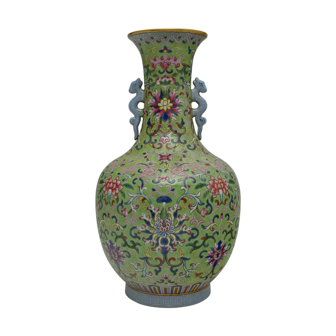 Chinese Lime-Green Ground Famille Rose Vase (1 of 4)