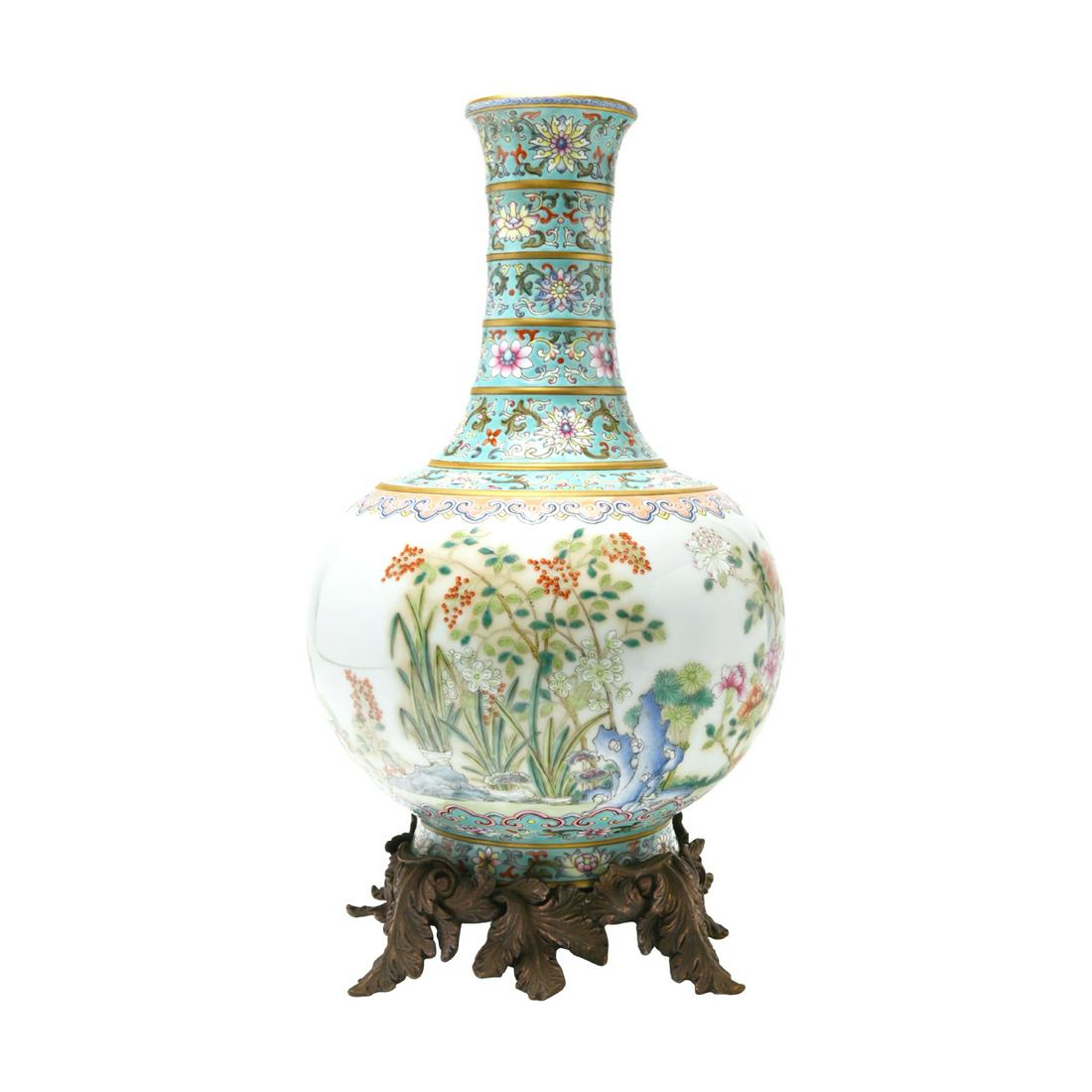 Chinese Famille Rose 'Three Rams' Vase/Bronze Stand. (1 of 5)