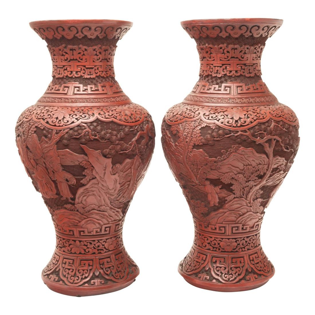 Pair of Chinese Carved Cinnabar Vases (1 of 6)