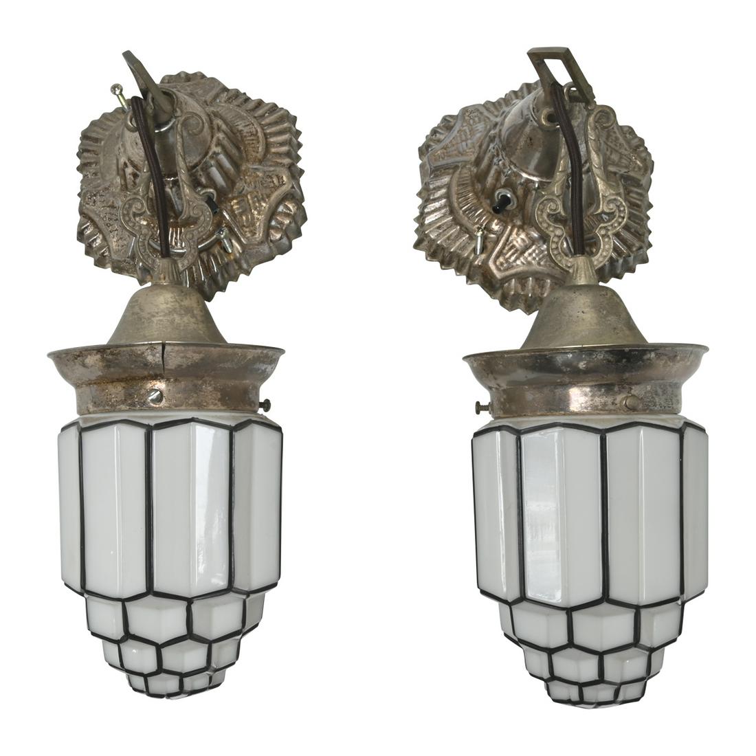Pair of Art Deco Nickel and Glass Pendant Wall Lights. (1 of 3)