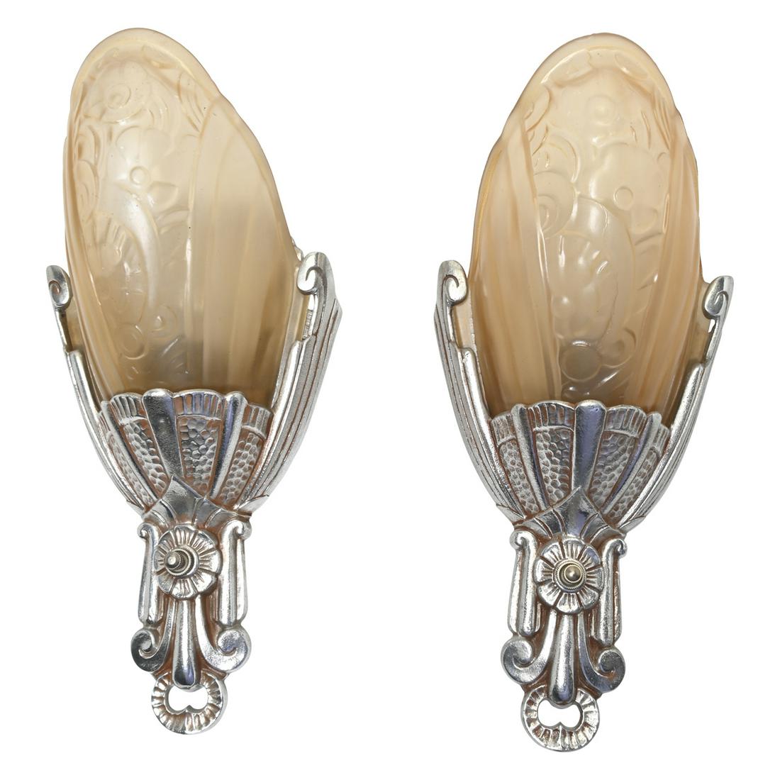Pair of Art Deco Silver Metal and Amber Glass Sconces. (1 of 3)