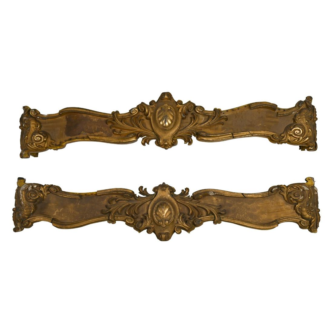Two Renaissance Revival Carved Giltwood Cornices.: Two Renaissance Revival Carved Giltwood Cornices. Shell carving to center, foliate carving throughout, silk backing behind carving.. {Approximate dimensions: 11 1/2 high x 57 1/4 inches wide.}. Gift o