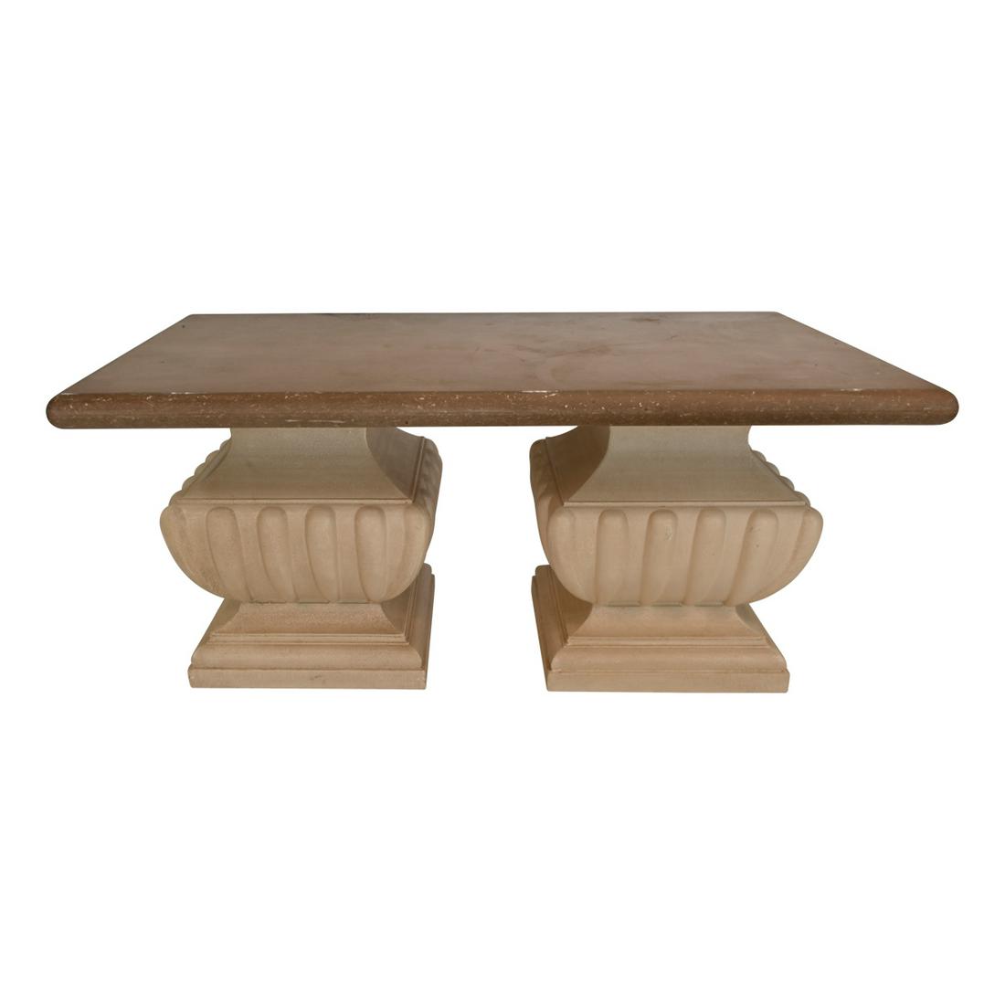 Contemporary Cast Stone and Composition Dining Table.: Contemporary Cast Stone and Composition Dining Table in the Manner of Michael Taylor. Brown stone top with rounded edges, classical style composite/plaster white painted double pedestal base. {Approxi