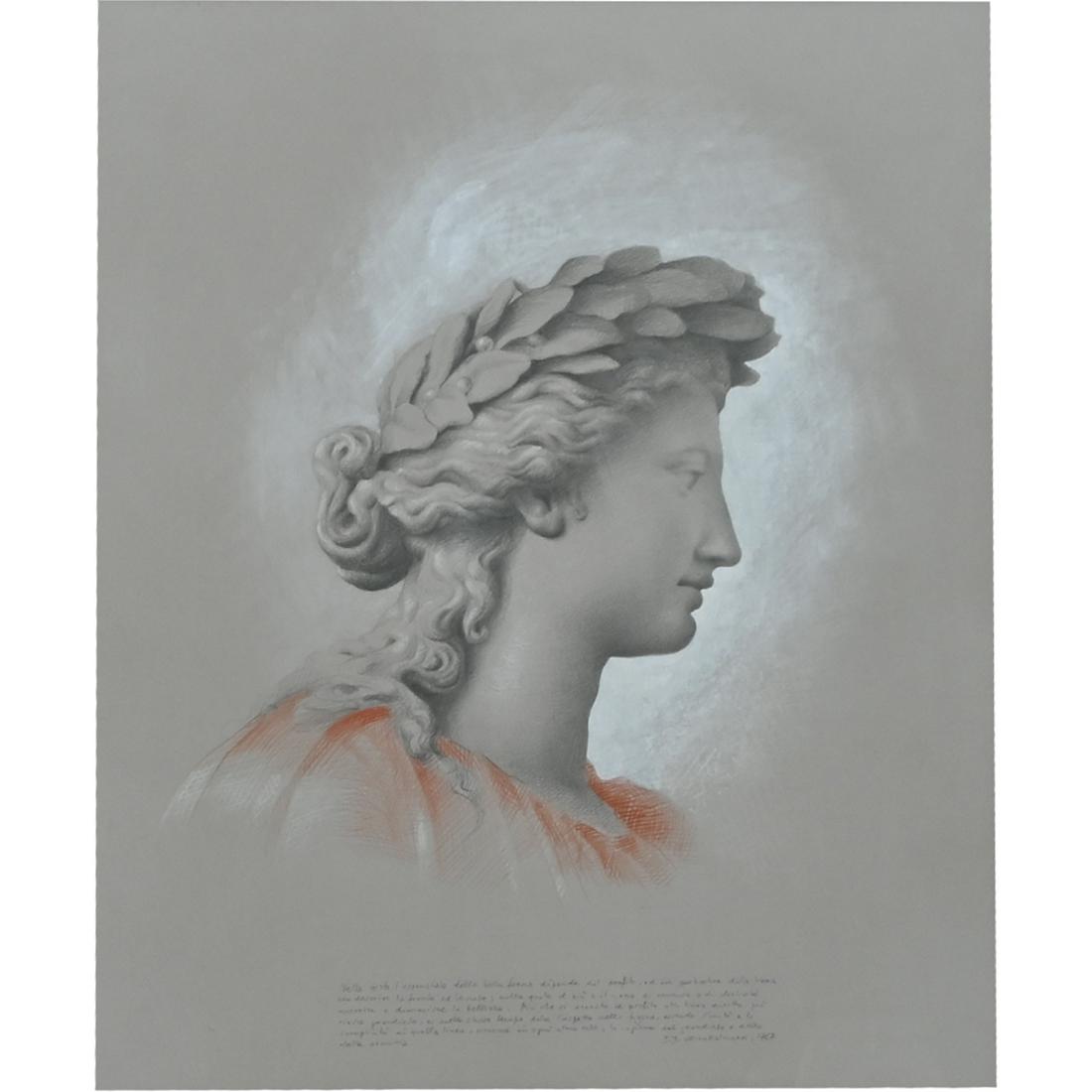 Carlo Maria Mariani "Neoclassical portrait": CARLO MARIA MARIANI (Italian b. 1931) 'Neoclassical Portrait' 1980, mixed media drawing on toned paper, sight: 21 x 16 inches; overall with frame: 30.5 x 25 inches, annotated in pencil with classical