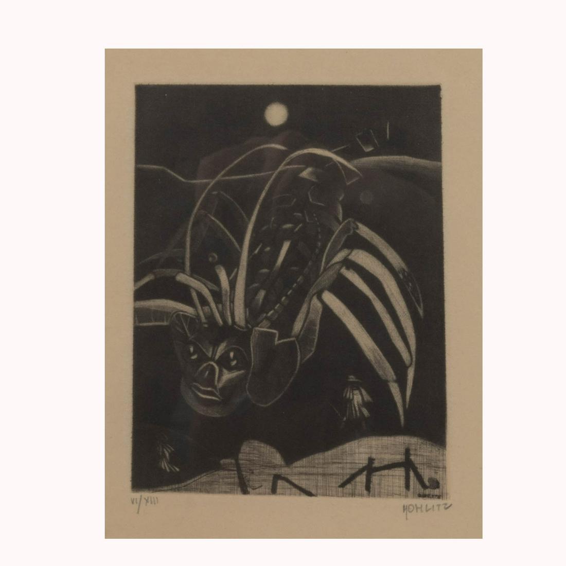 Philippe Mohlitz, Space Creature, engraving: PHILIPPE MOHLITZ (American, b.1941), Space Creature, engraving, image size: 5 x 3.75 inches, framed: 12.5 x 11.25 inches, pencil signed lower right, edition VI/XIII.