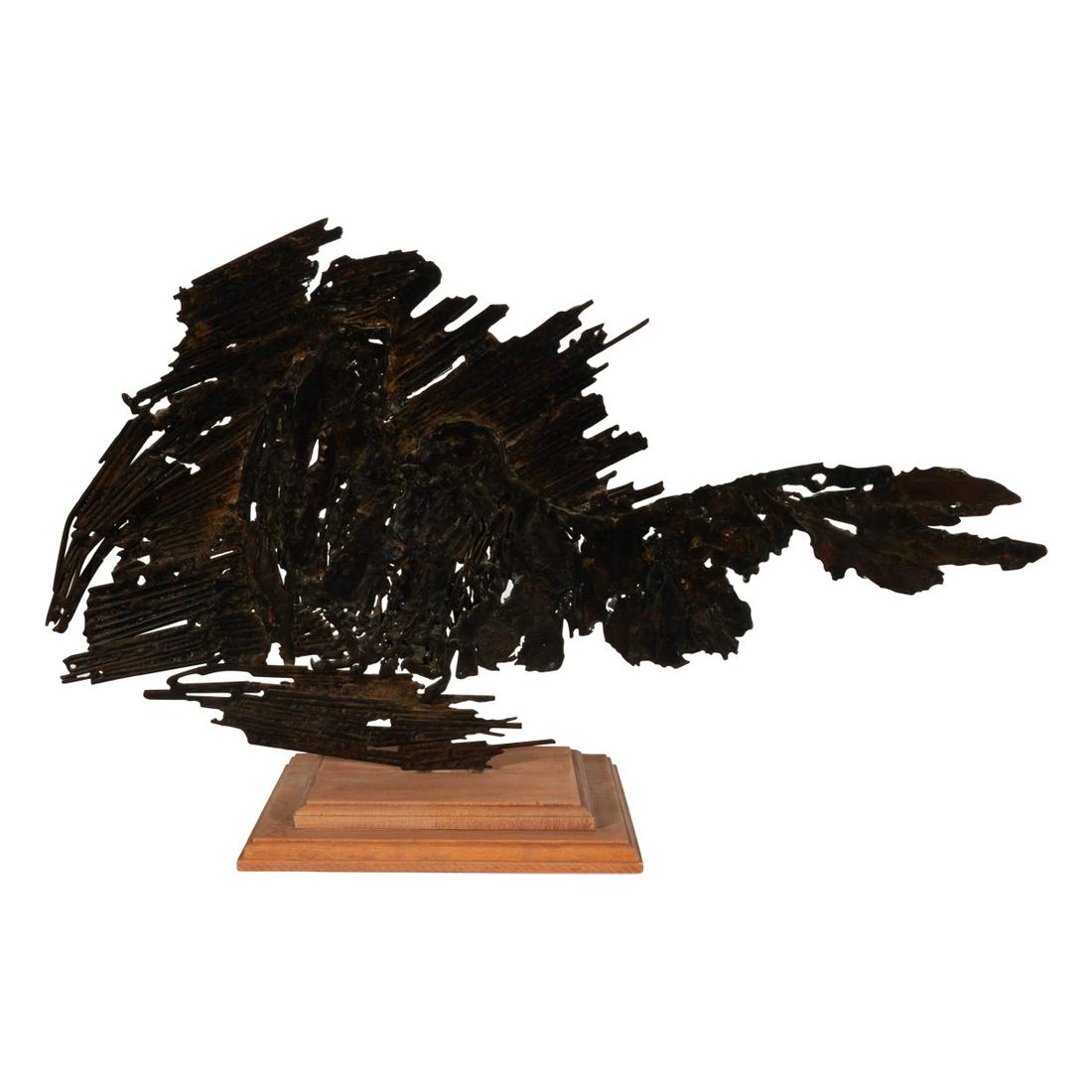 David Marshall, Brutalist Fish, 1977: DAVID MARSHALL (American, b. 1942), Brutalist Fish, 1977, bronze sculpture with wooden base, sculpture: 14 x 23.5 x 1 inches, overall (with wooden base): 14.75 x 23.5 x 7.25 inches, signed and dated o